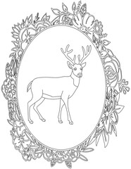 Deer in A Floral Frame Coloring Page. Printable Coloring Worksheet for Kids. Educational Resources for School and Preschool.