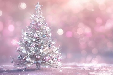 An elegant 3D animated pinkishwhite Christmas tree, highlighted with silver and crystal decorations, set against a soft, blurred background for a luxurious feel