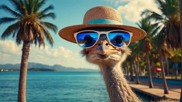 Cartoon ostrich with glasses and hat on the beach