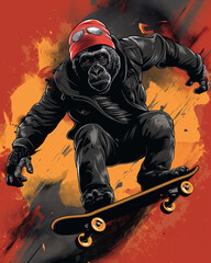 AI generated illustration of a cool and energetic design, an ape is riding the waves on a surfboard