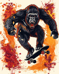 AI generated illustration of a cool and energetic design, an ape is riding the waves on a surfboard