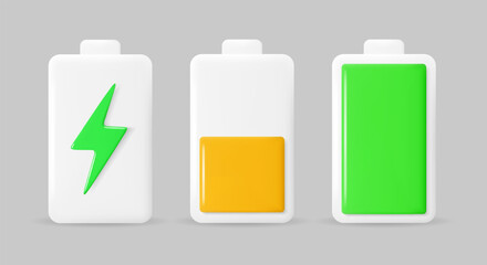 Battery charge indicators in 3D style. Glossy battery icons with charge levels. Vector illustration