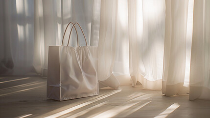 Soft, natural light filtering through sheer curtains, casting a warm, inviting glow on the white paper bag with silk handles, enhancing its understated beauty and elegance.