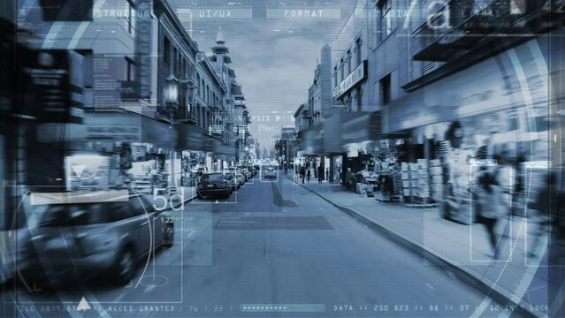 Artificial Intelligence System For Traffic And Security Proposes. AR. Computer Vision Interface With Object Detection System That Creates Boxes to Recognize Different Objects in the Streets. 