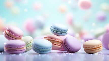 Obraz premium Take a close-up picture of some pastel-colored macarons on a table with a pastel-colored background. The macarons should be arranged in a visually appealing way.