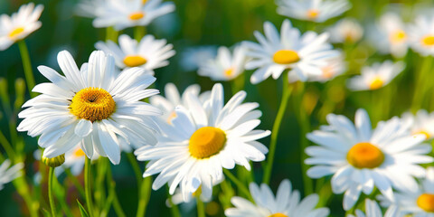 Wild daisy flowers growing on meadow, lawn, white chamomiles on green grass background. Oxeye daisy, Leucanthemum vulgare, Daisies, Common daisy, Dog daisy, Gardening concept.