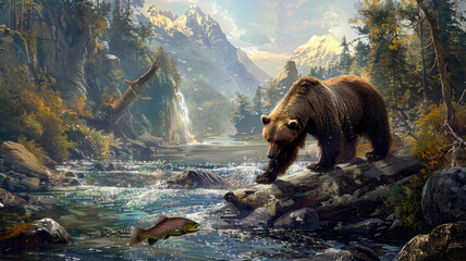 Brown bear stands by water during hunting for salmon in mountain river in summer, wild grizzly animal on green trees background. Concept of wildlife, fish, food, forest, nature