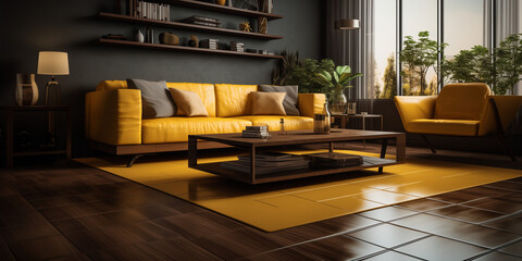 Dark walnut tiles paired with a mustard yellow carpet, adding warmth and richness to the room. 