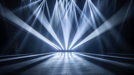 Dark stage background, abstract concert space with pattern of spotlight, blue light lines. Concept of show, studio, display, podium, beam, party,