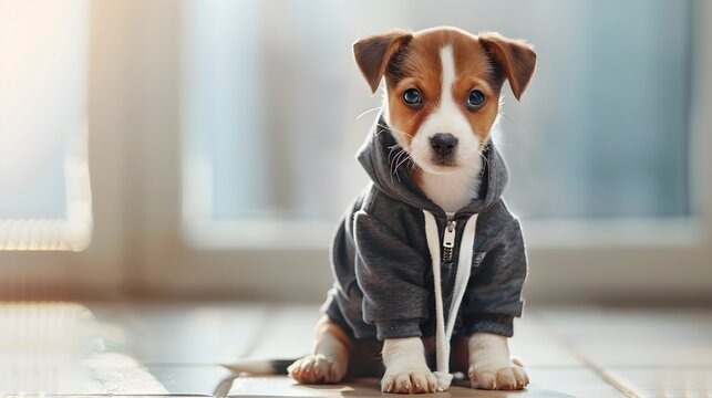 Background with a photo of a cute dog wearing physical activity clothes, for sports. Background for presentation. space for text and content information.
