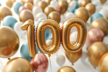 the number 100 made by baloons to celebrate a hundread years of birthday, party atmosphere background, bright and bold