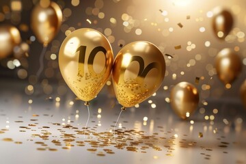 a thousand nuber m made by baloons to celebrate a hundread years of birthday, party atmosphere background, bright and bold