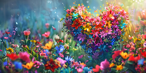 Fototapeta na wymiar heart shaped confetti , Abstract heart flowers. Multicolor magical surrealism. Love concept.