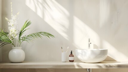 Fototapeta premium Background with photo of a minimalist bathroom. Background for presentation. Space for text, information and content.