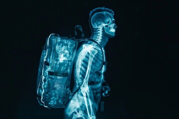 x-ray style illustration of a man skeleton with a travel bag