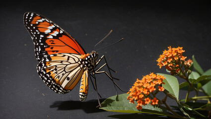 A monarch butterfly with open wings is perched on a flower. The butterfly is mostly orange with...