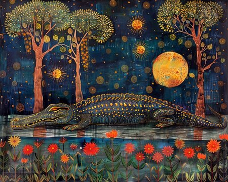 Majestic and graceful concept, a crocodile in a lake at night, depicted in Traditional Madhubani Bharni style painting