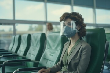 Elegantly dressed woman with protective face mask and shield sitting in an airport waiting area