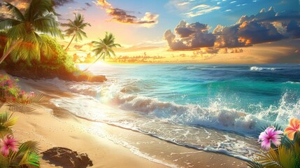 Exotic tropical oasis  vibrant palm trees, colorful blooms, and wildlife for a lush summer getaway