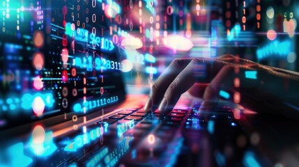 hands typing on computer keyboard, with abstract code, online cyber attack, hack, threats and breaches Network concept, cyber technology