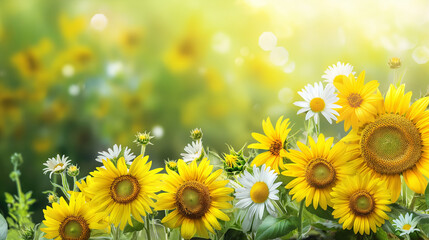 Obraz premium An extravagant arrangement of sunflowers and daisies, bursting with sunshine and cheer, guaranteed to brighten anyone's day. Dynamic and dramatic composition, with copy space