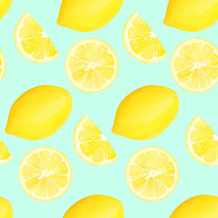 Watercolor seamless pattern with yellow lemon fruits with blue background. Illustration with whole and slice lemons. Pattern for textile, fabric, wrapping paper, food illustrations
