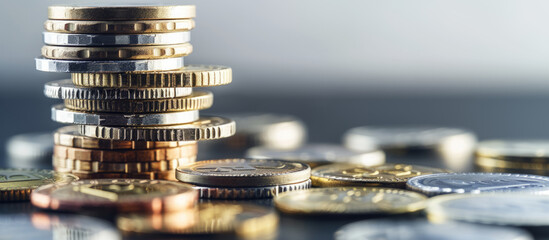 Euro coins stacked on each other in different positions.