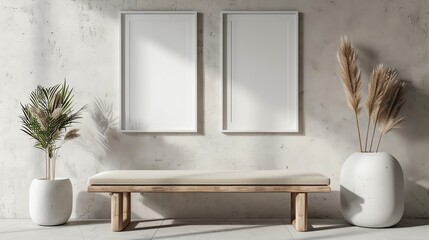 3D illustration of a minimalist design featuring three blank frames on a wall above a concrete bench, with a white textured background
