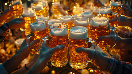 Hands raising beer mugs in a celebratory toast