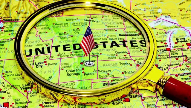 USA Map, video 4K. United States of America on the World map under magnifying glass and American Flag