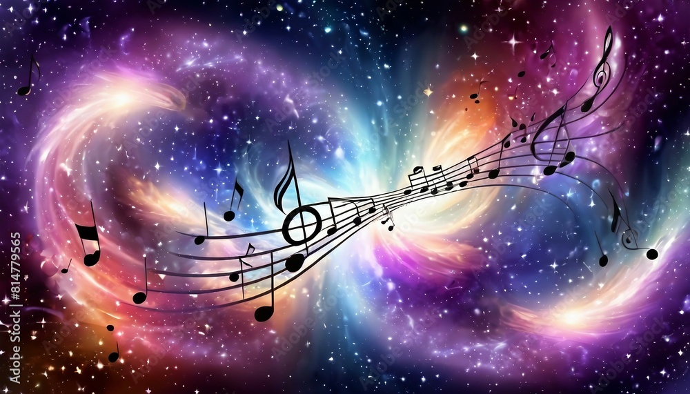 Wall mural abstract celestial symphony background with swirling galaxies and cosmic music notes.