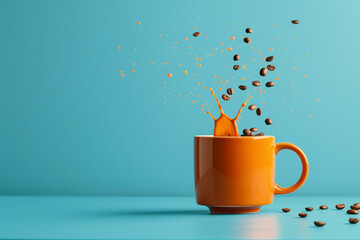 A mug of hot coffee sits invitingly against a neutral blue background, with a coffee beans captured mid-air as they cascade gracefully into the cup, adding a dynamic touch to the serene scene.