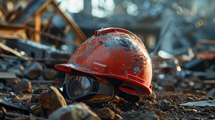 Safety helmet and goggles on ground with construction debris.