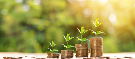 Trees grow on piles of gold coins on the ground, business growth tips. Investment in agribusiness and agricultural processing