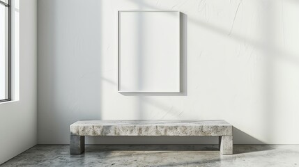 3D illustration of one empty frame on a clean, textured white wall above a concrete bench in a minimalist setting, gallery concept