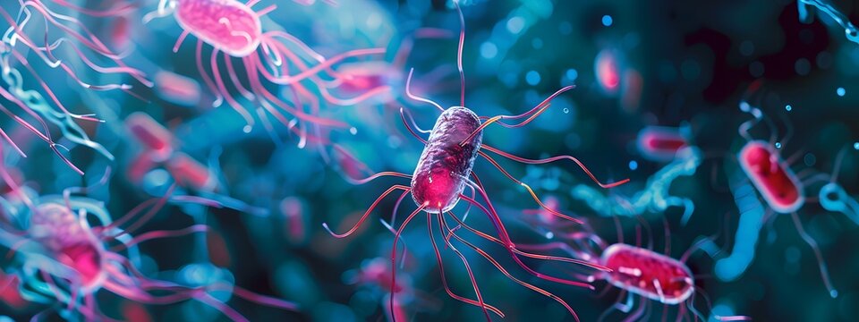 Molecular model of bacterial flagella structure showcasing motility and chemotaxis mechanisms
