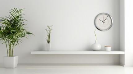 Fototapeta premium A minimalist bedroom with a wall recessed shelf and a designer clock