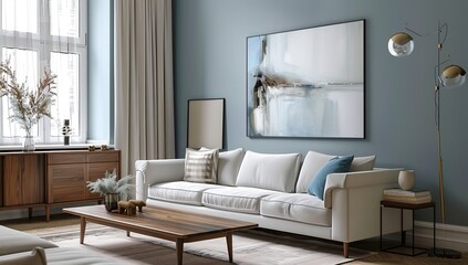 Modern Living Room Oasis: Gray Elegance with Blue Accents