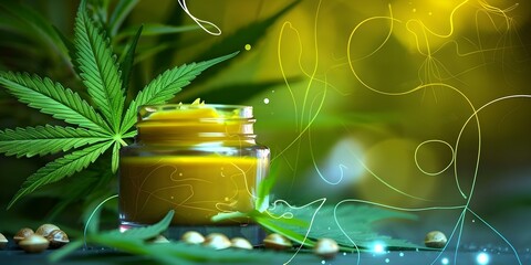 Hemp cream with cannabis oil for natural cosmetics using marijuana leaves and seeds. Concept Cannabis Oil, Hemp Cream, Natural Cosmetics, Marijuana Leaves, Seeds