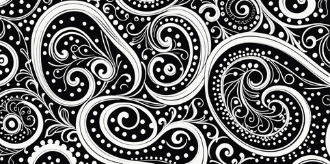 a black and white pattern with swirls and dots