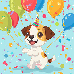 Cute cartoon dog with balloons and confetti. Vector illustration.