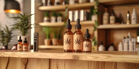 CBD Products and Vape Pens Presented on a Wooden Table. Concept CBD Products, Vape Pens, Wooden Table Setting