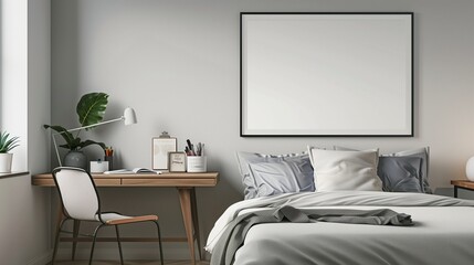 A modern bedroom with a minimalist, wall-mounted desk and a high-resolution digital art frame