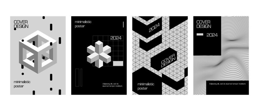Posters with silhouette minimalistic basic figures, extraordinary graphic assets of geometrical shapes. Modern minimal monochrome print brutalist.
