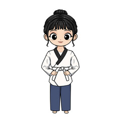 illustration of taekwondo girl with uniform and white belt with transparent background