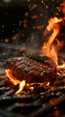 Steak Cooking on Grill With Flames