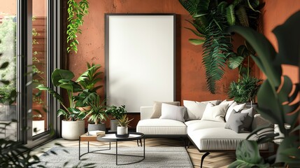 3D rendered contemporary living room with a large mockup poster frame, vibrant house plants, and modern decor elements