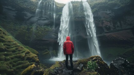 Obraz premium A man is standing at the base of a powerful waterfall, surrounded by mist and roaring water.