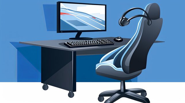 Illustration of a modern gaming setup with computer, gaming chair, and headset on a blue background. Clean and organized design ideal for gamers and tech enthusiasts. Highlights the comfort