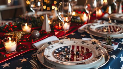 Charming Fourth of July dinner setup for a young couple with themed decorations, patriotic tablecloth, and starspangled centerpieces